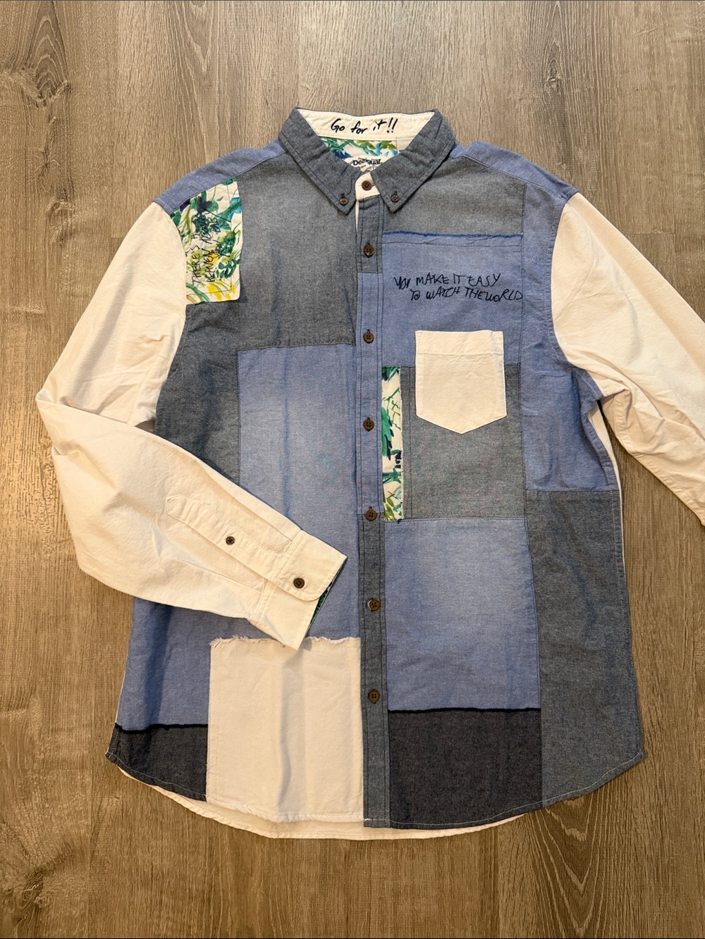 Desigual XL Regular Men’s PatchworkBlue & White Button-Down Long Sleeve Shirt
